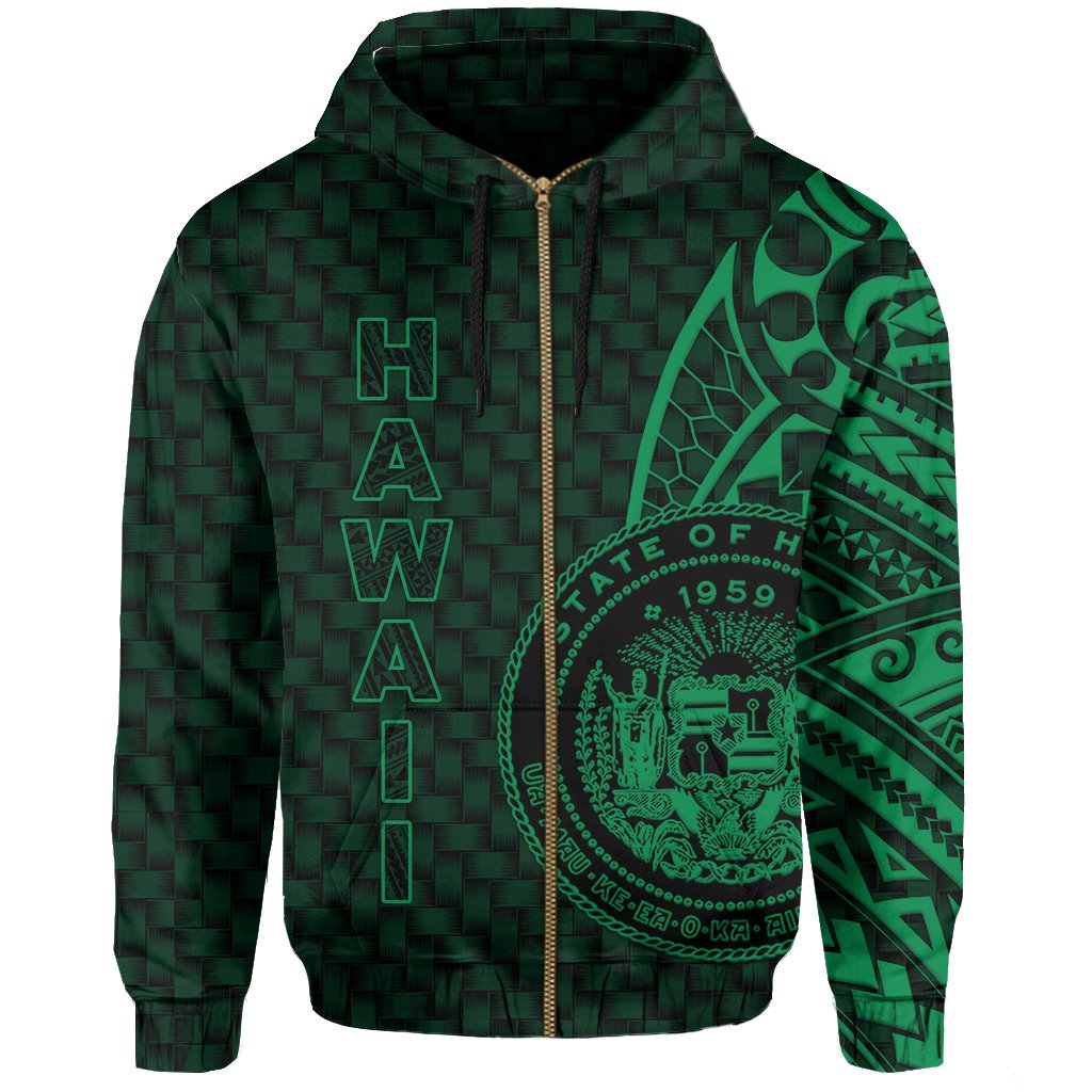 Hawaii Polynesian Zipper Hoodie Green Emboss Style - Polynesian Pride