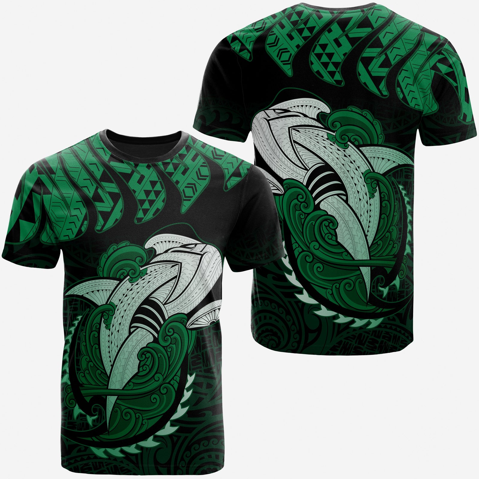 Hawaii Polynesian Aumakua Hammerhead Shark T Shirt Cloud Style Green Unisex Green - Polynesian Pride