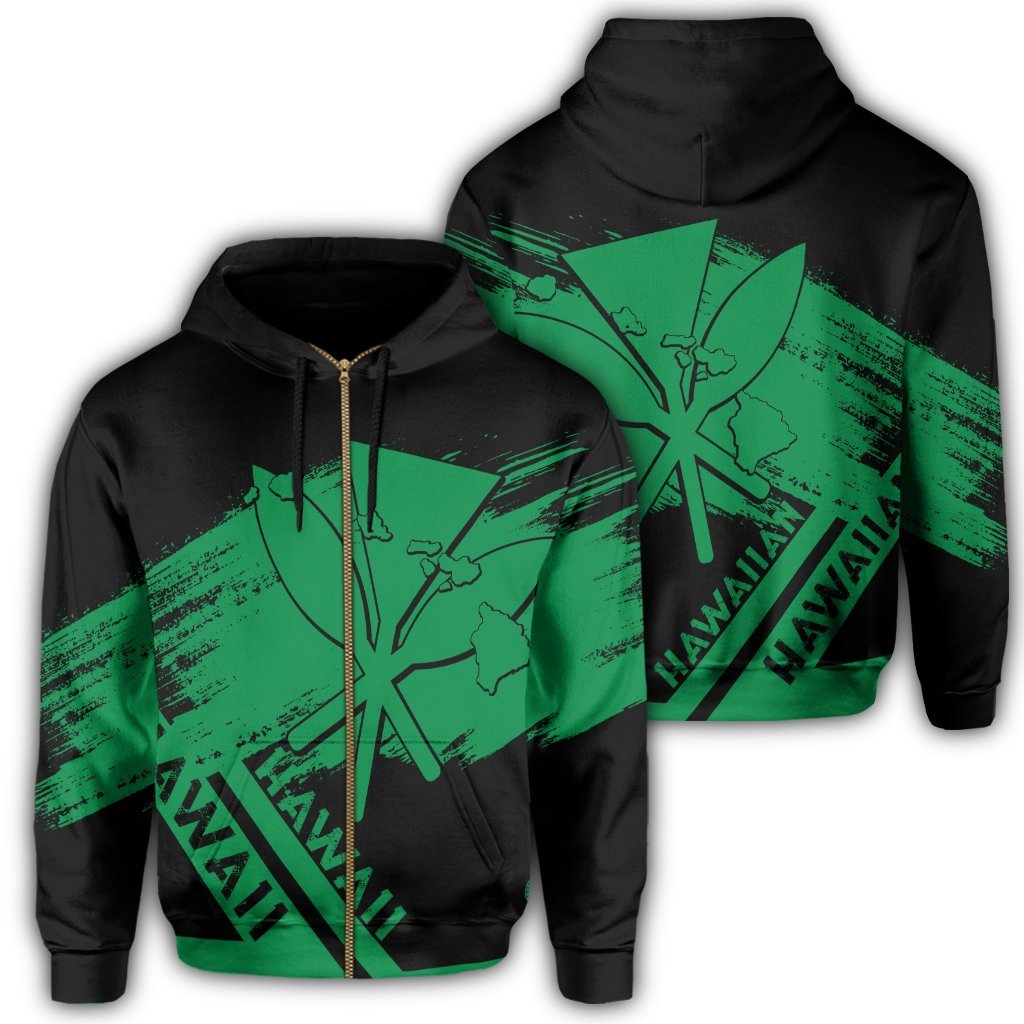 Hawaiian Map Kanaka Identifier Hoodie Zip Green Brusch Style Unisex Green - Polynesian Pride