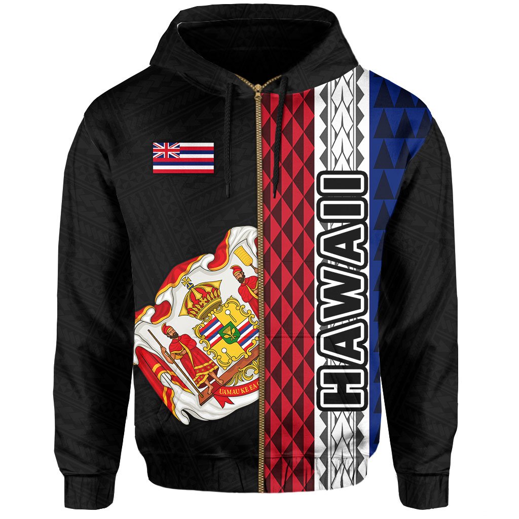 Polynesian Kakau Hawaii Flag Royal Coat of Arms Hawaii Zip Hoodie Grey - Polynesian Pride