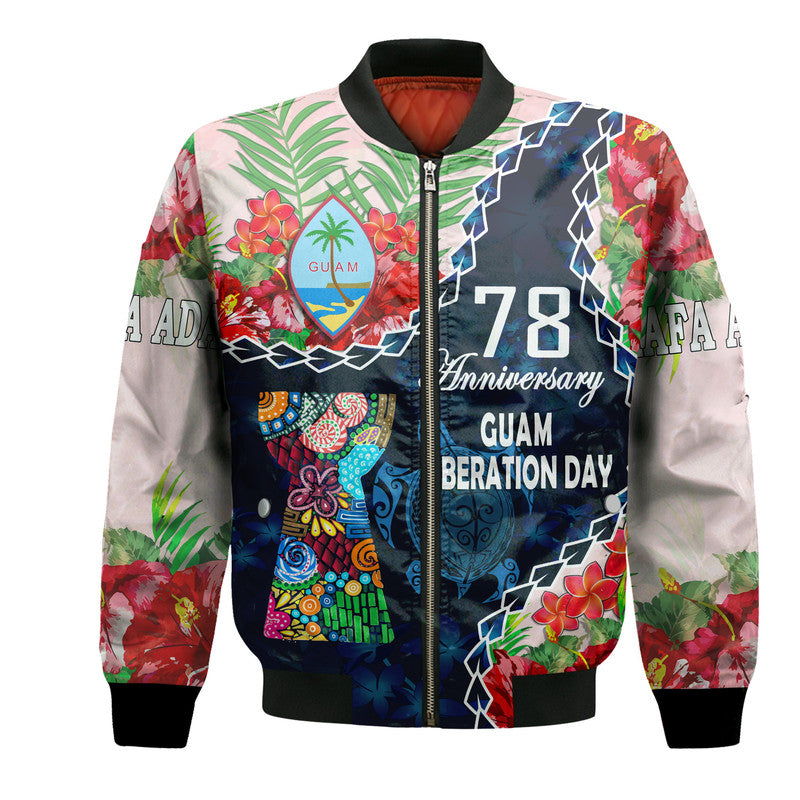 Guam Liberation Day Bomber Jacket Latte Stone Hibiscus Painting LT9 Unisex Blue - Polynesian Pride