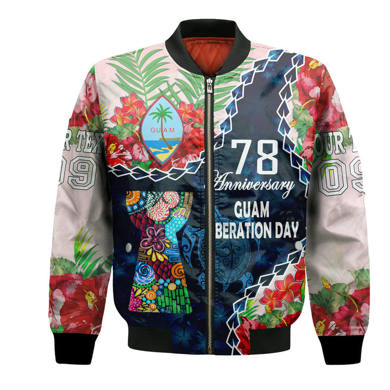 (Custom Personalised) Guam Liberation Day Bomber Jacket Latte Stone Hibiscus Painting LT9 Unisex Blue - Polynesian Pride