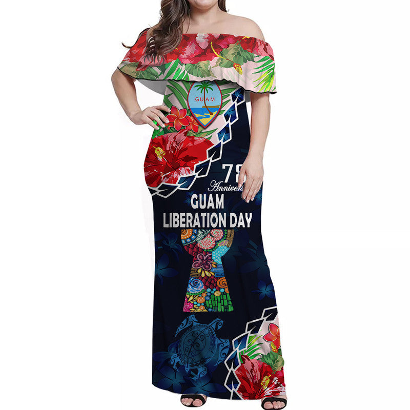 Guam Liberation Day Women Off Shoulder Long Dress Latte Stone Hibiscus Painting LT9 Women Blue - Polynesian Pride