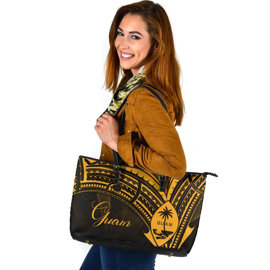 Guam Leather Tote - Gold Color Cross Style Black - Polynesian Pride