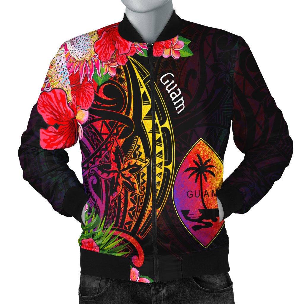 Guam Men's Bomber Jacket - Tropical Hippie Style Black - Polynesian Pride