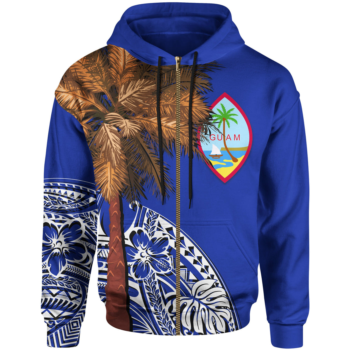 Guam Zip up Hoodie Guahan Palm Tree Polynesian Pattern Unisex Blue - Polynesian Pride