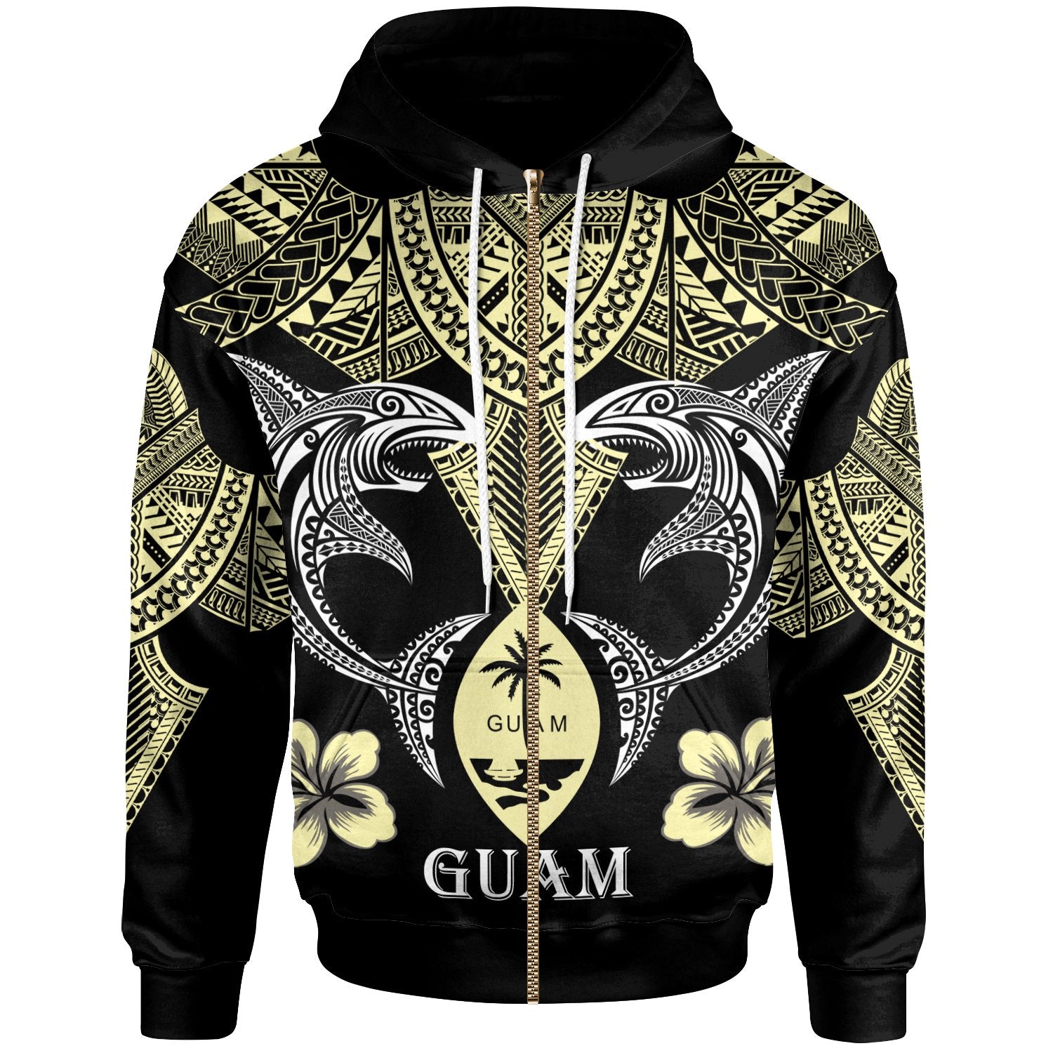 Guam Zip up Hoodie Pacific Maori Pattern Sharks Unisex Black - Polynesian Pride