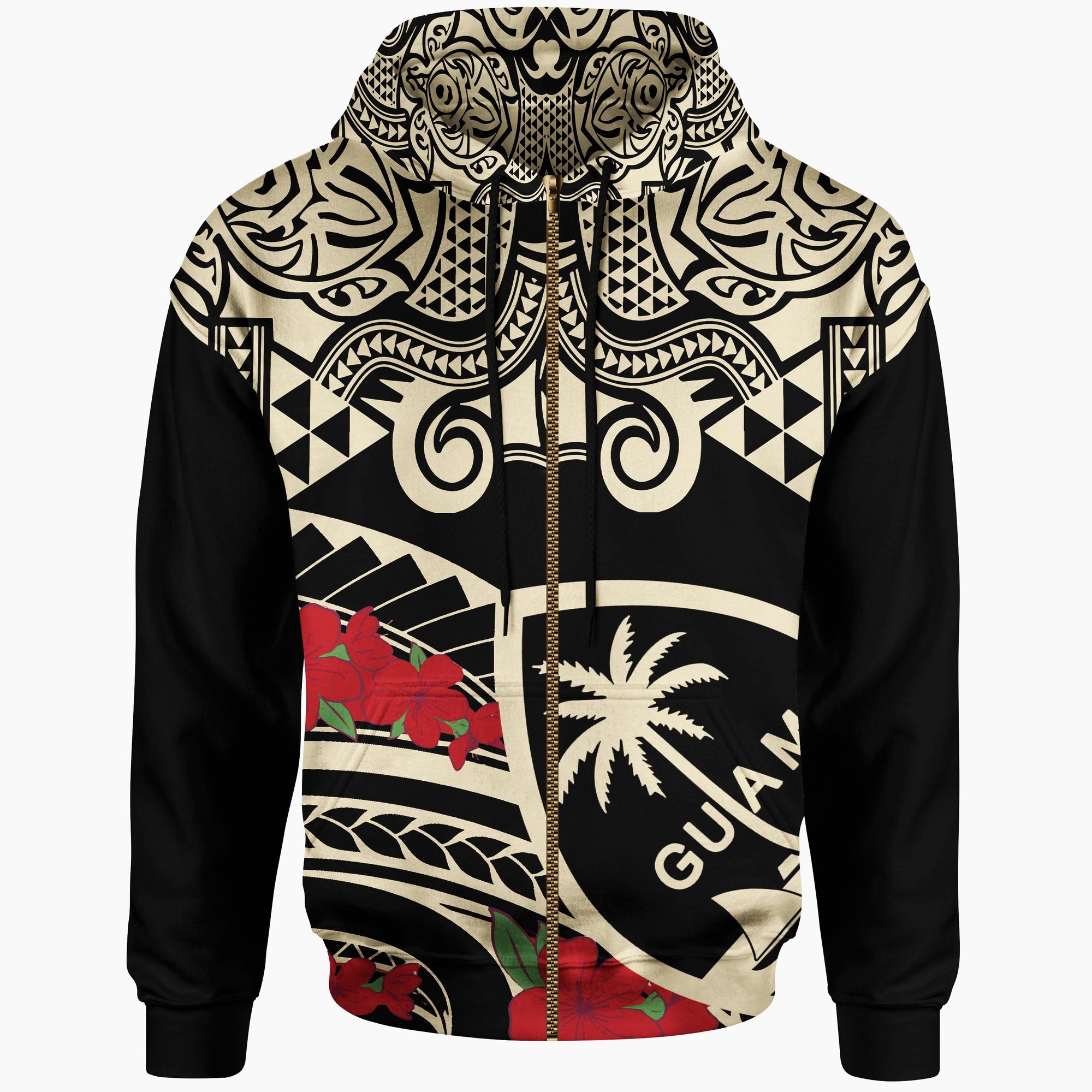 Guam Zip up Hoodie Polynesian Pattern Vintage Style Black Color Unisex Black - Polynesian Pride