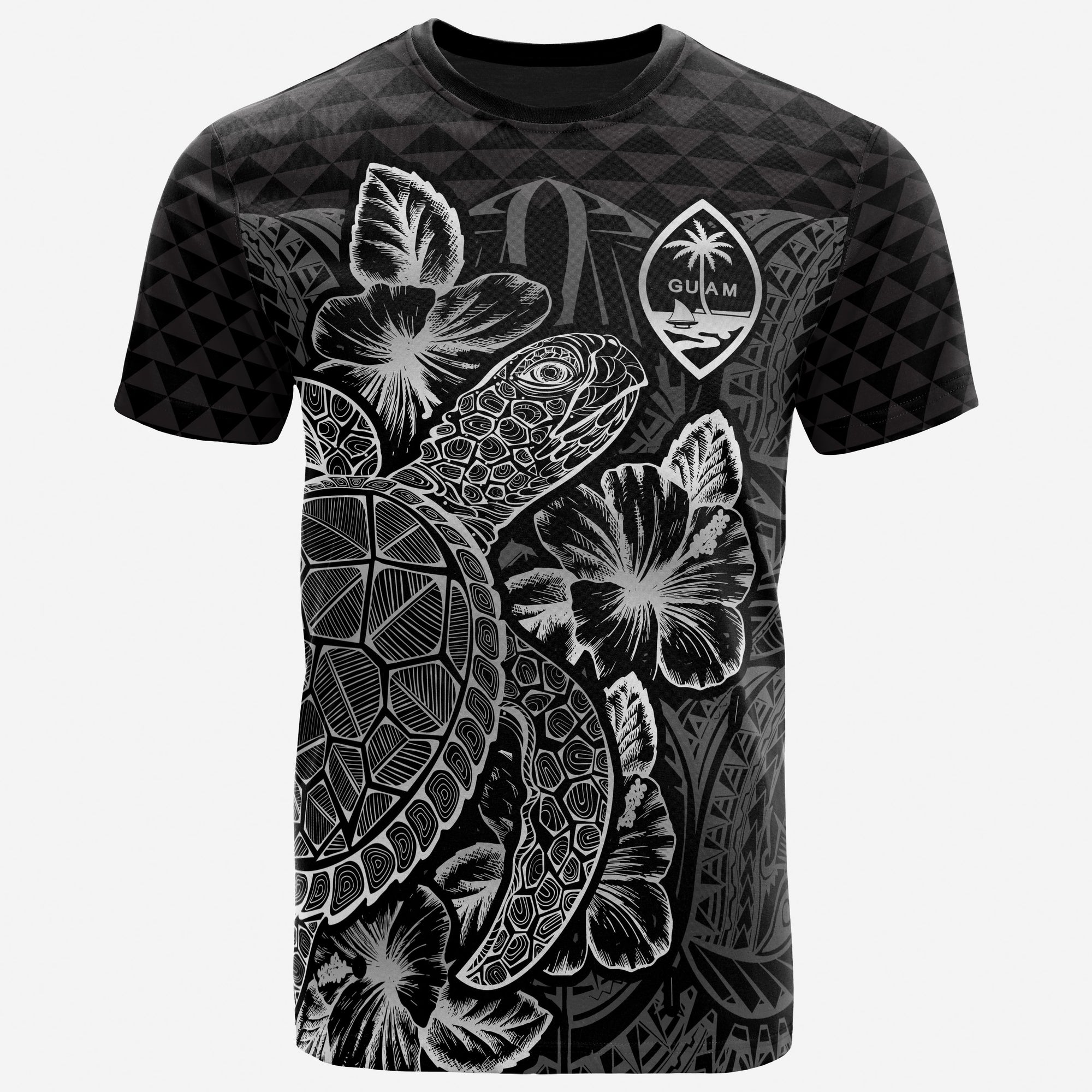 Guam T Shirt Guam Coat of Arms Turtle Hibiscus Black Unisex Black - Polynesian Pride