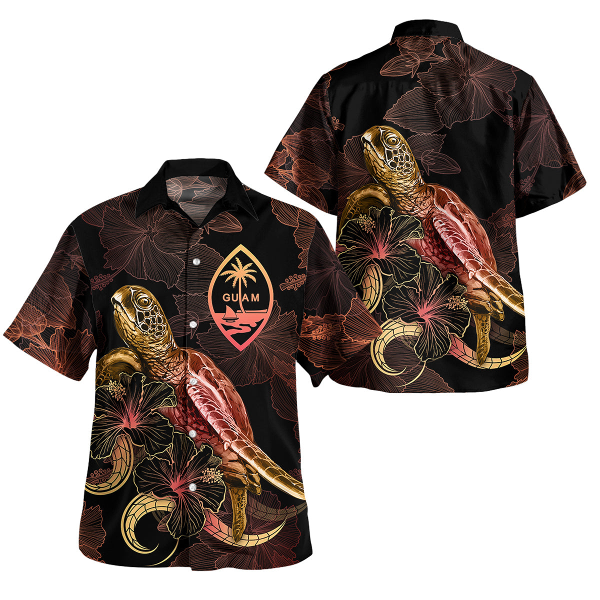 Guam Short Sleeve Shirt - Custom Guam Pride With Polynesian Turtle Blooming Hibiscus Gold Unisex Gold - Polynesian Pride