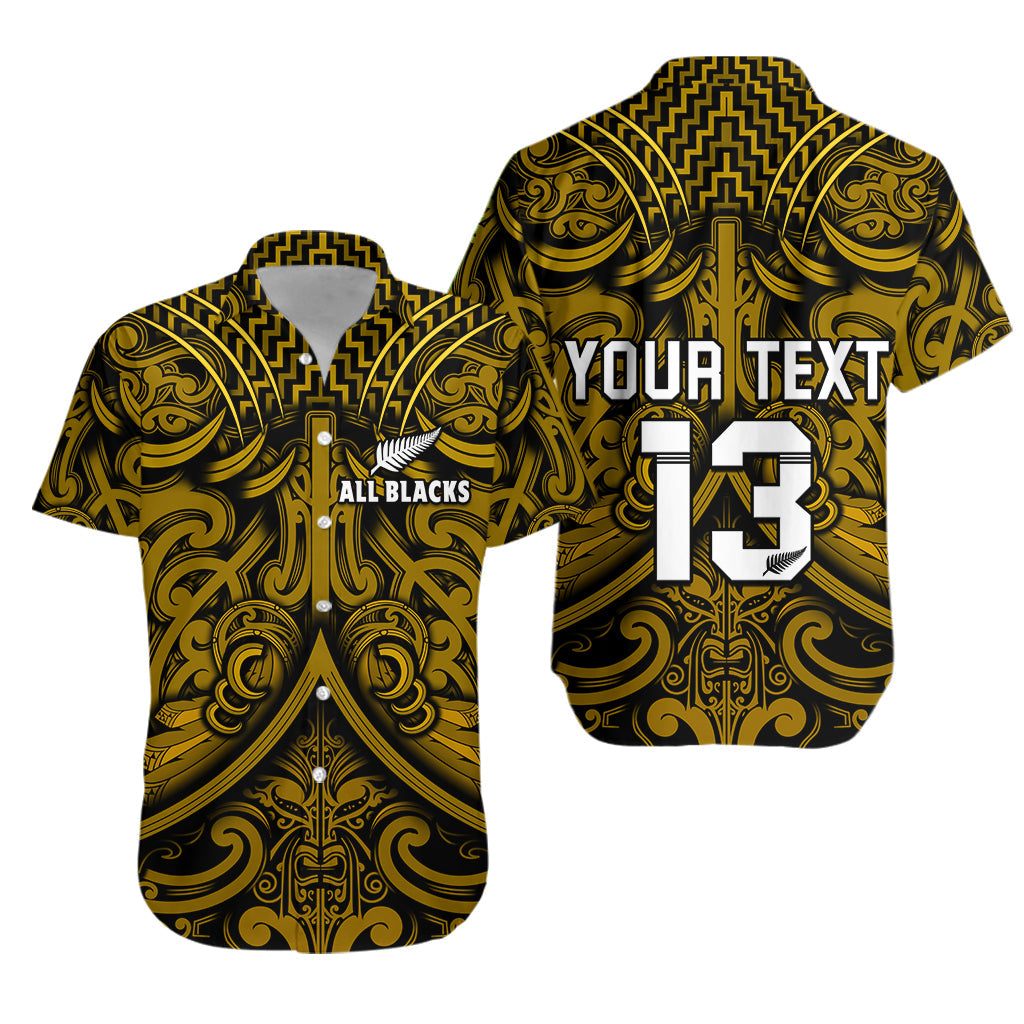 (Custom Text and Number) New Zealand Silver Fern Rugby Hawaiian Shirt All Black Gold NZ Maori Pattern LT13 Unisex Gold - Polynesian Pride