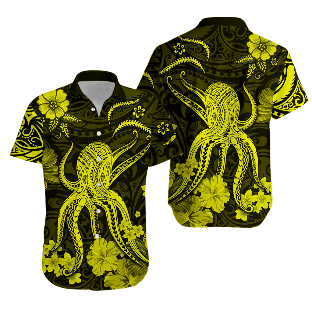 His And Her Hawaiian Matching Outfits Hawaii Matching Polynesia Yellow Octopus Dress and Hawaiian Shirt LT13 - Polynesian Pride
