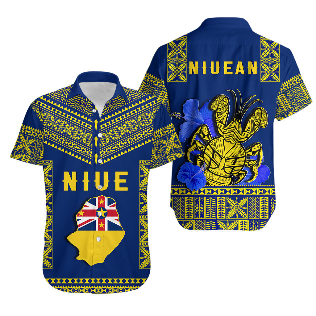 Niue Hawaiian Shirt Happy Constitution Day Niuean Hiapo Crab With Map LT14 Unisex Blue - Polynesian Pride