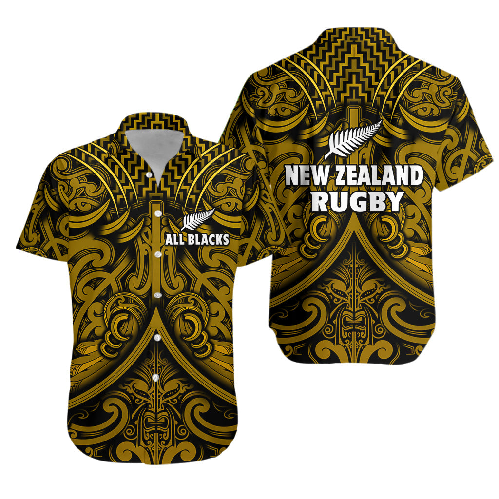 New Zealand Silver Fern Rugby Hawaiian Shirt All Black Gold NZ Maori Pattern LT13 Unisex Gold - Polynesian Pride