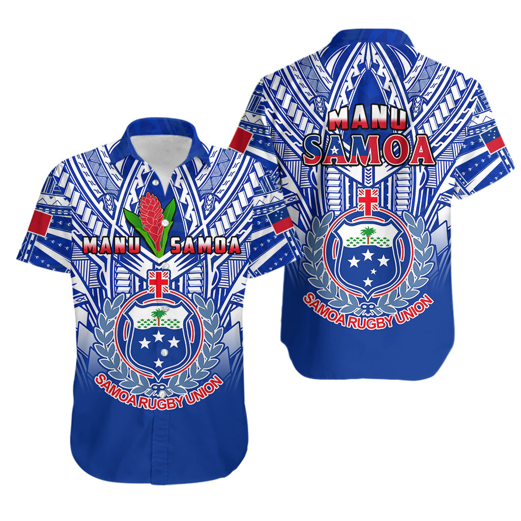 Samoa Rugby Hawaiian Shirt Manu Samoa 7s Ginger Blue Polynesian LT14 Blue - Polynesian Pride