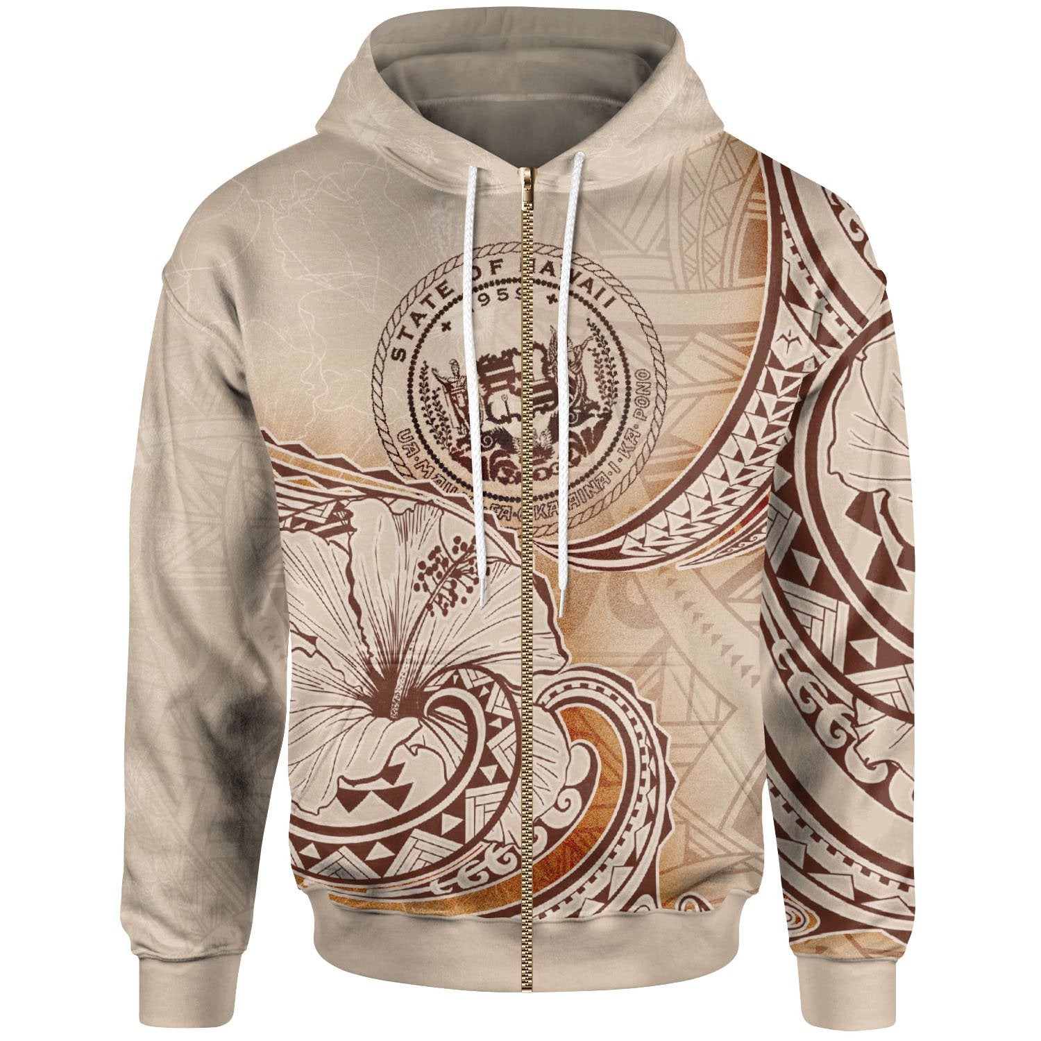 Hawaii Zip Hoodie Hibiscus Flowers Vintage Style Unisex Nude - Polynesian Pride