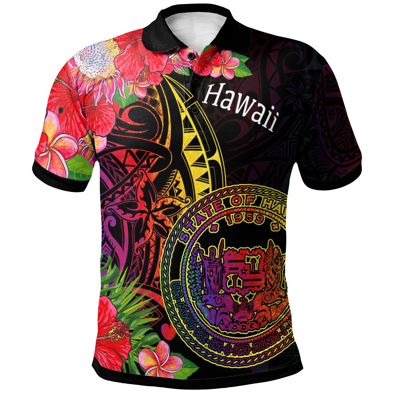 Hawaii Polo Shirt Tropical Hippie Style Unisex Black - Polynesian Pride