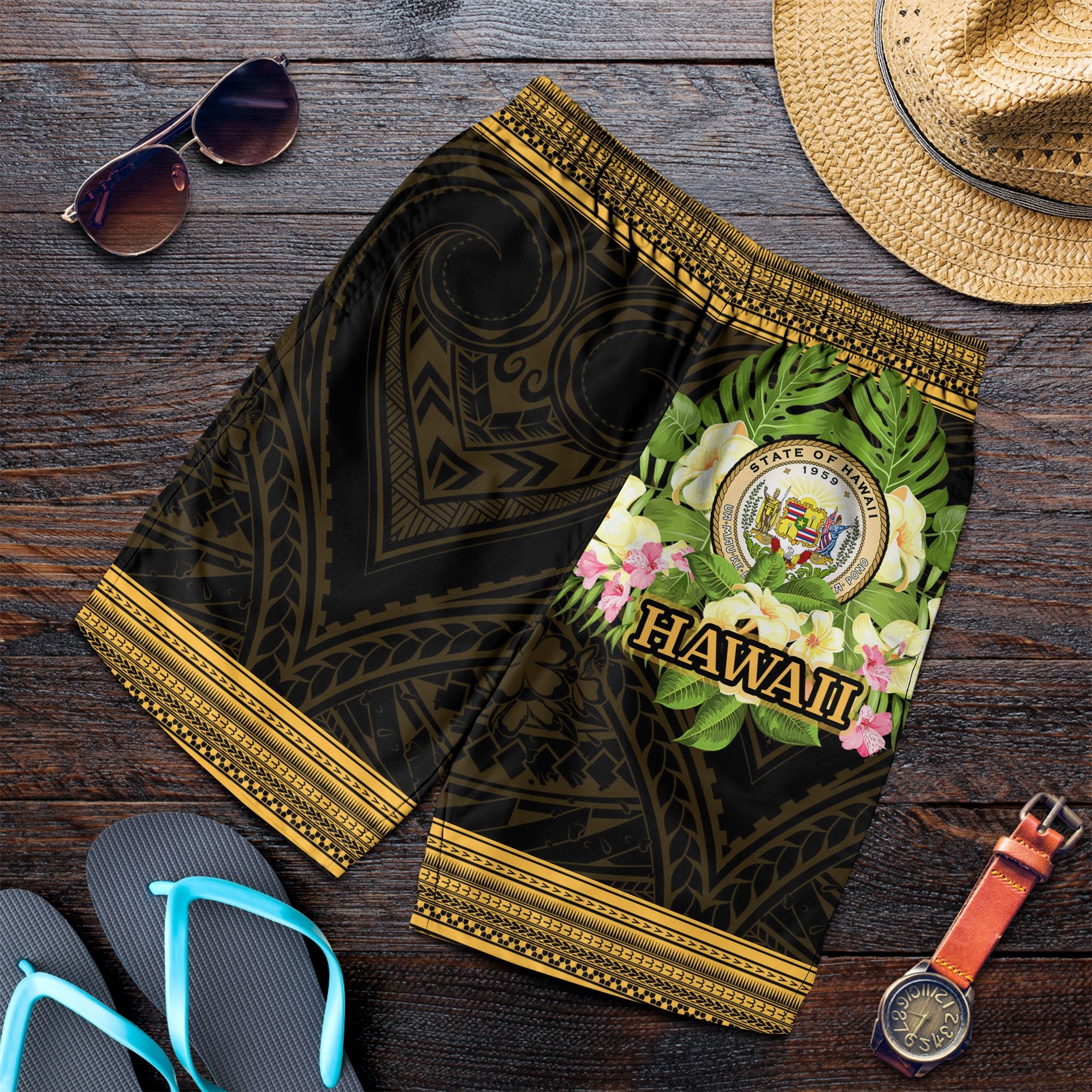 Hawaii Men's Shorts - Polynesian Gold Patterns Collection Black - Polynesian Pride