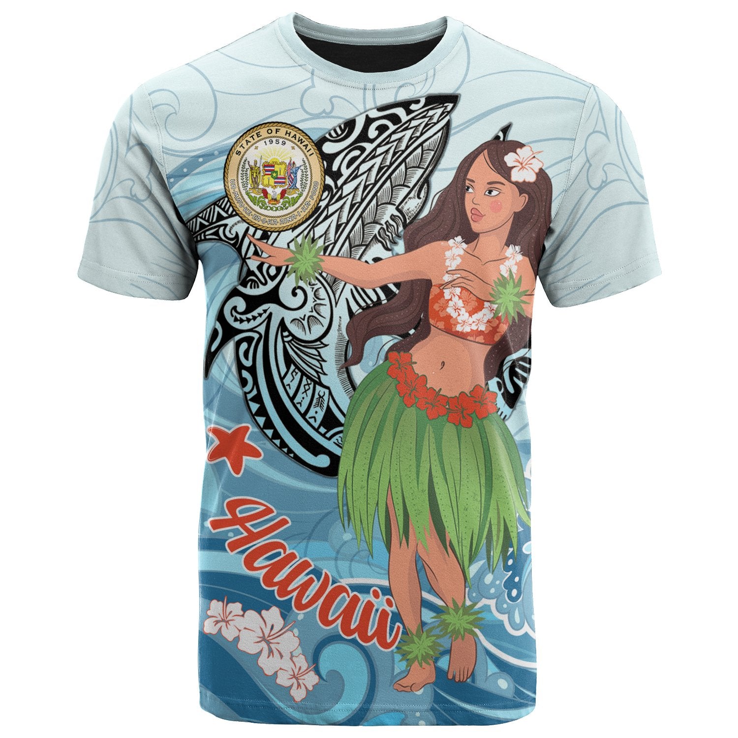 Hawaii T Shirt Polynesian Girls With Shark Unisex Black - Polynesian Pride