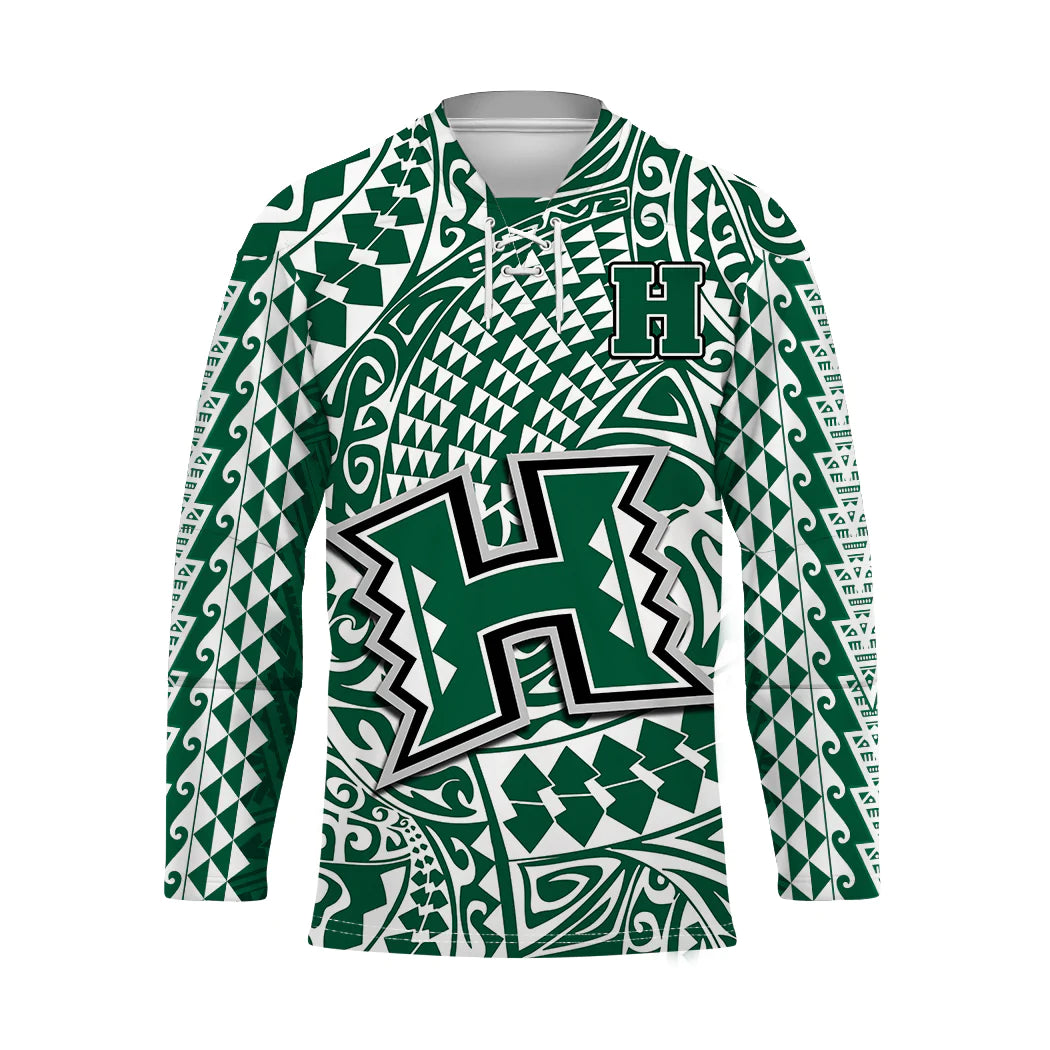 Hawaii Football Hockey Jersey Rainbow Warriors Tribal Kakau LT14 Unisex Green - Polynesian Pride