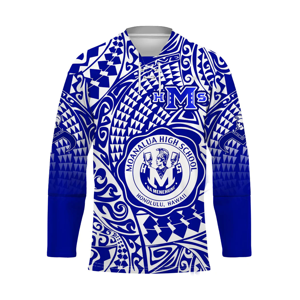 Hawaii Hockey Jersey Moanalua High School Tribal Kakau LT14 Unisex Blue - Polynesian Pride