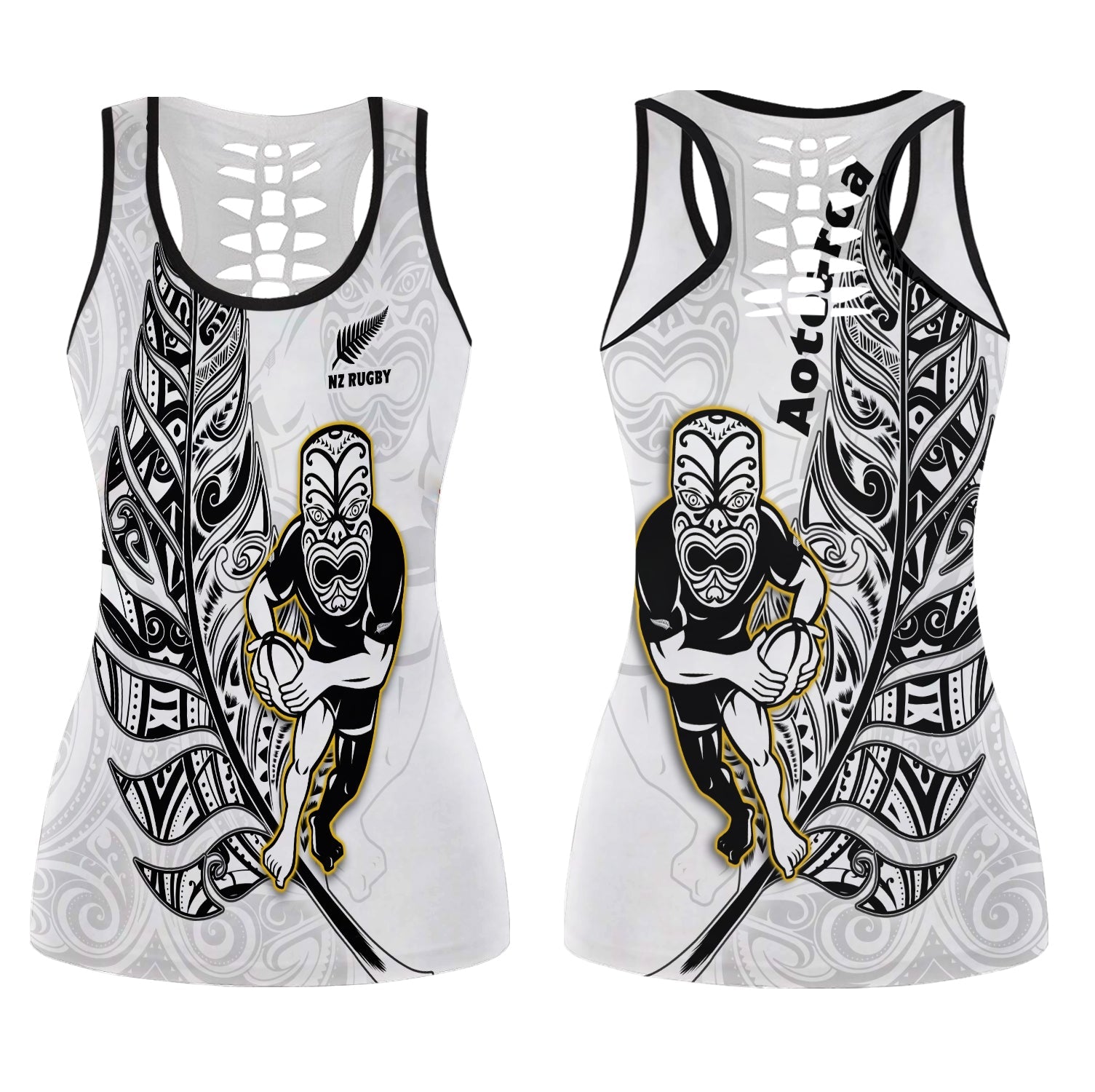 New Zealand Silver Fern Rugby Hollow Tank Top All Black Maori Version White LT14 Female White - Polynesian Pride