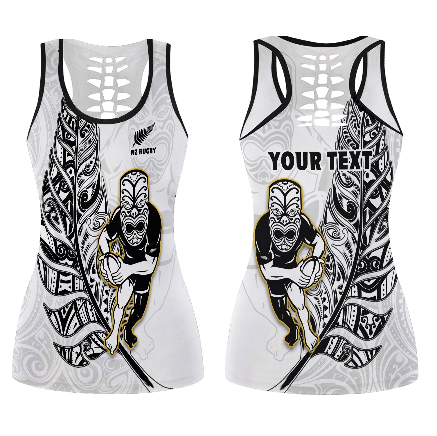 (Custom Personalised) New Zealand Silver Fern Rugby Hollow Tank Top All Black Maori Version White LT14 Female White - Polynesian Pride