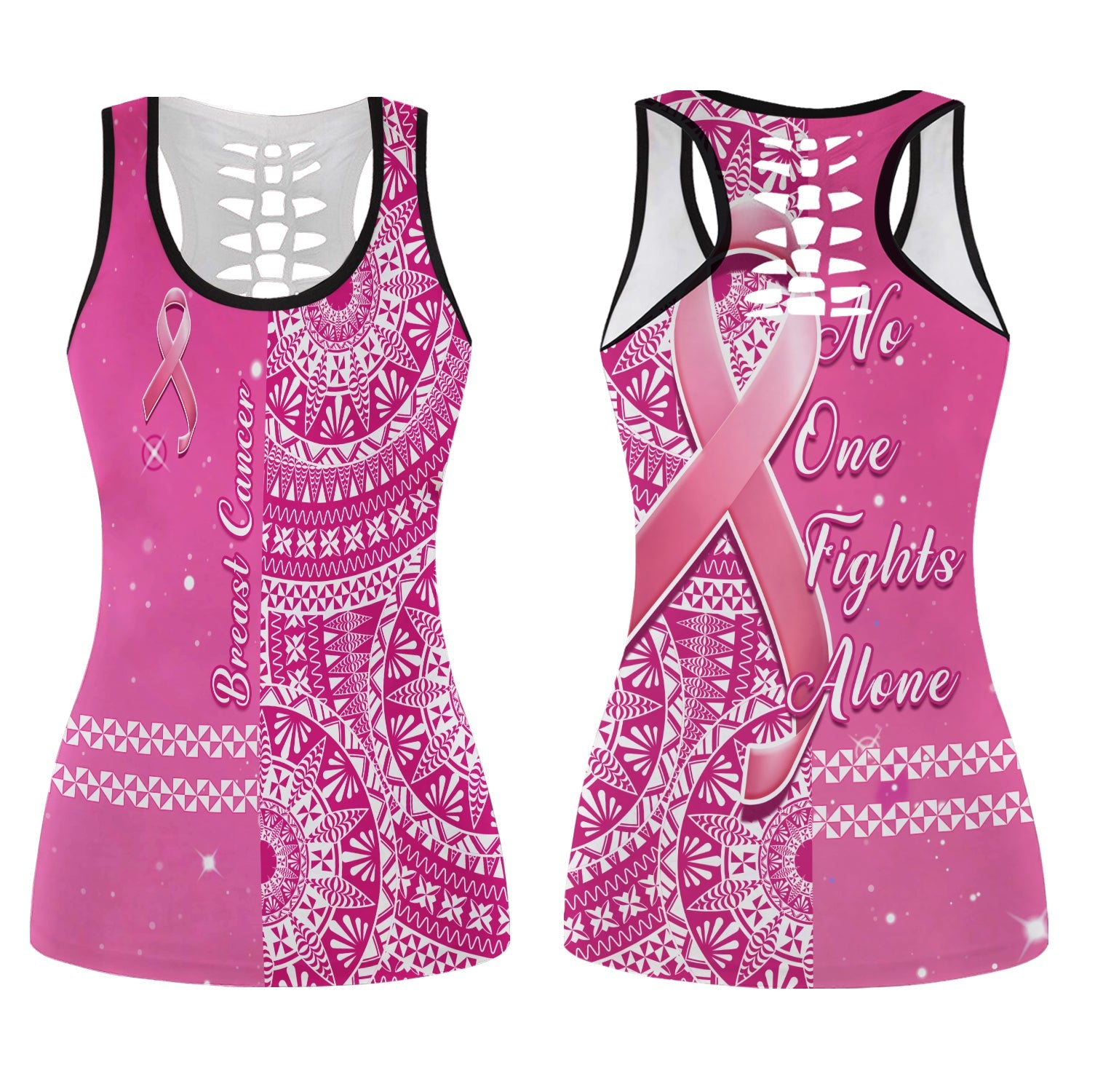 Tonga Breast Cancer Hollow Tank Top Tongan Ngatu Pattern No One Fights Alone LT14 Female Pink - Polynesian Pride
