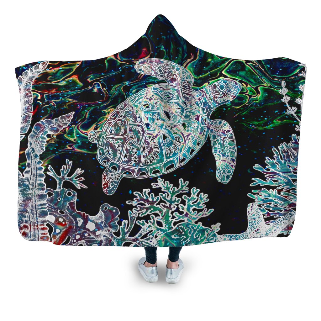 Hawaii Turtle Corals Shell Background Hooded Blanket - AH Hooded Blanket - Polynesian Pride