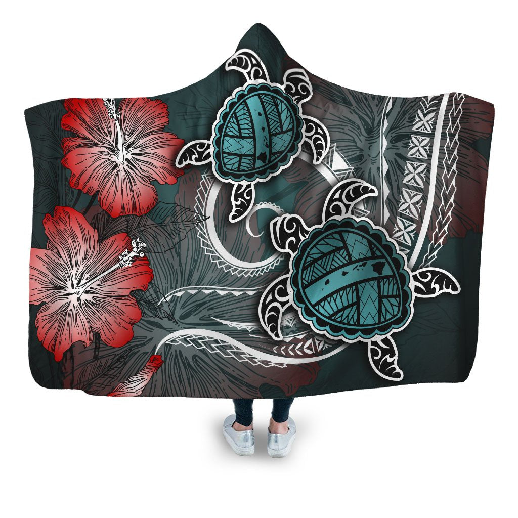 Hawaii Turtle Map Hibiscus Polynesian Hooded Blanket - AH Hooded Blanket Blue - Polynesian Pride