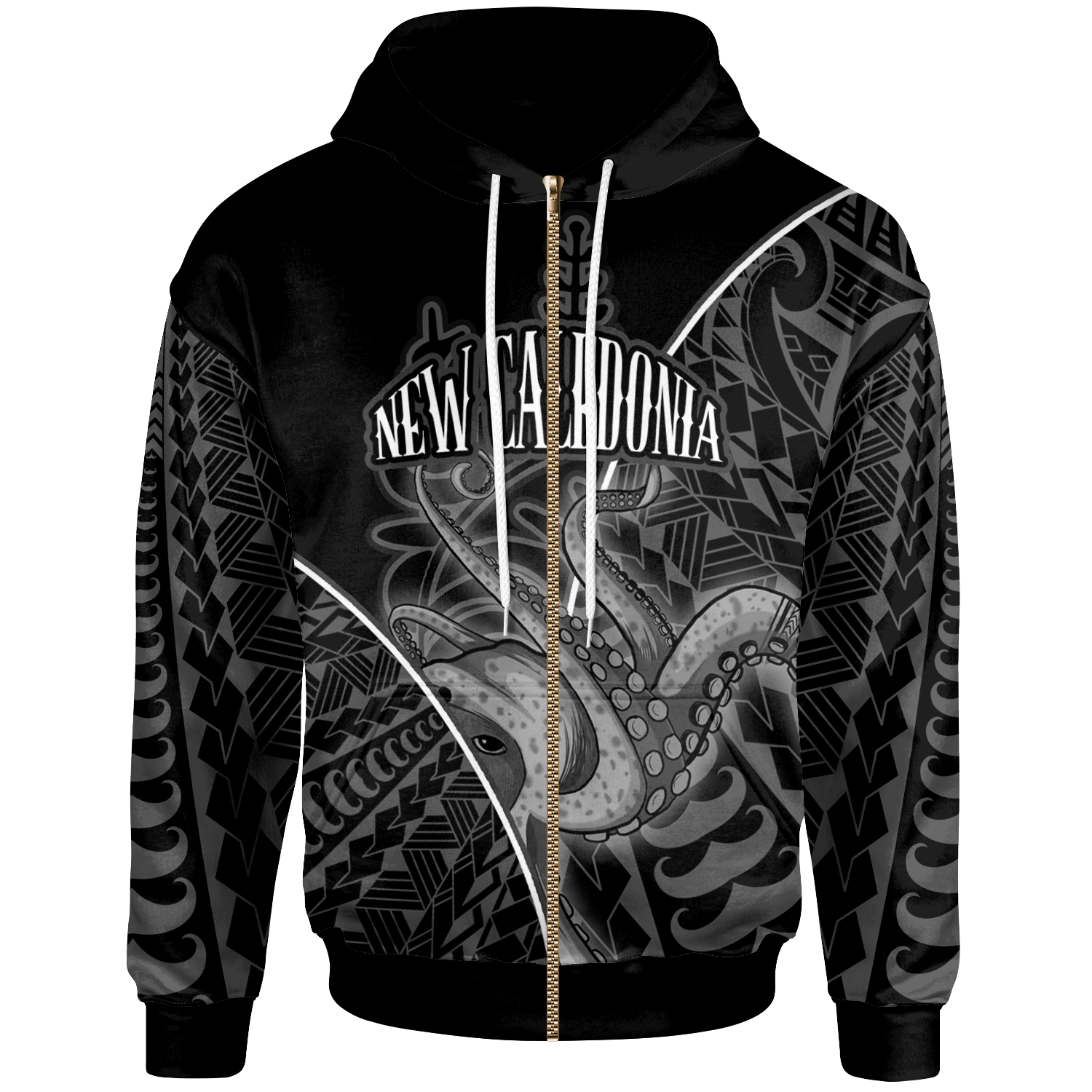 New Caledonia Zip Hoodie Octopus Style White Color Unisex White - Polynesian Pride