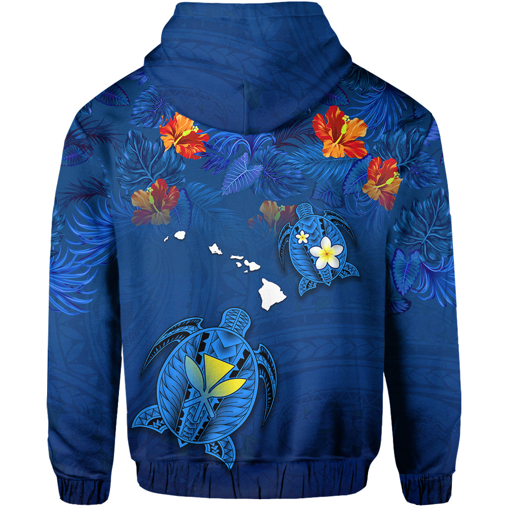 Hawaiian Islands Hoodie Hawaii Tropical Flowers and Turtles Blue LT13 - Polynesian Pride