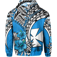 Wallis et Futuna Hoodie Polynesian Pattern and Hibiscus Flowers Version Blue LT13 - Polynesian Pride