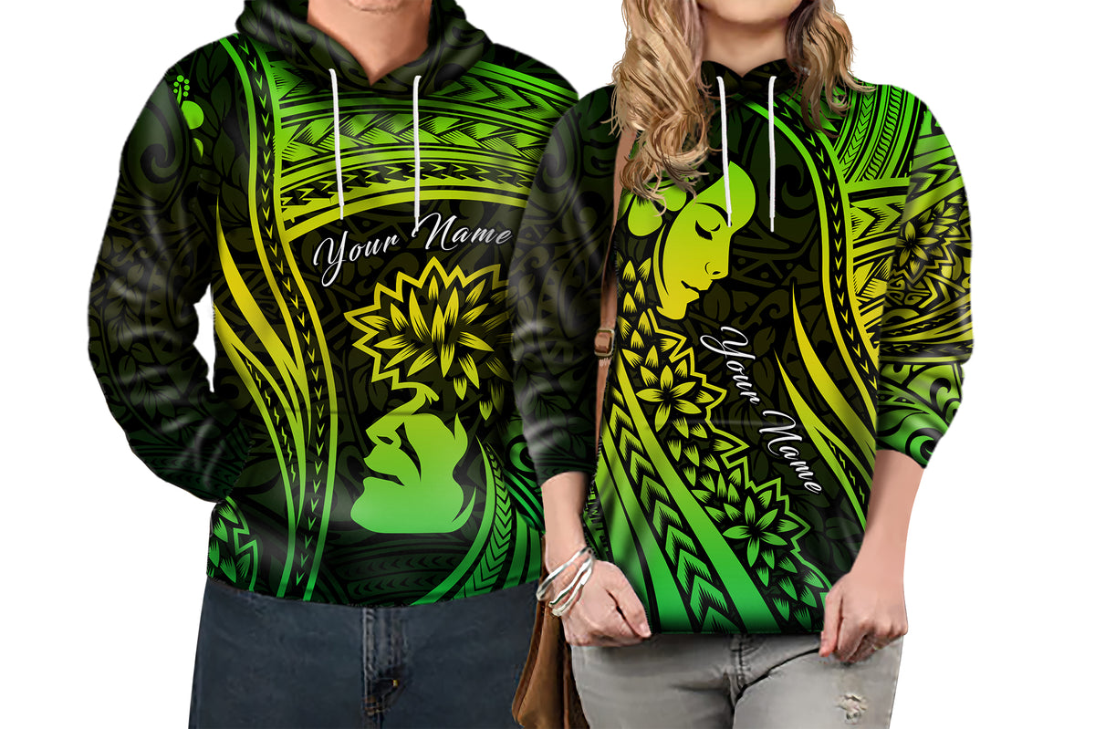Custom Polynesian Valentine Couple Hoodie I LOVE YOU Hibiscus Style Green LT13 6XL - Polynesian Pride