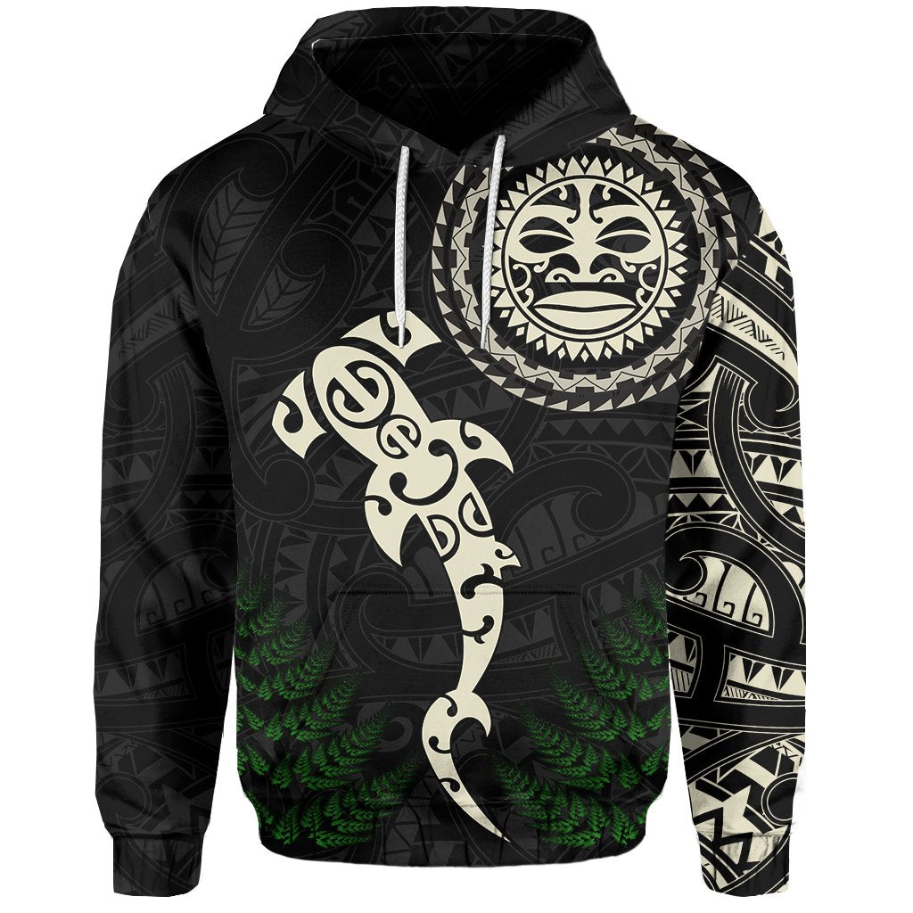 Aotearoa Fern Hoodie Maori Manaia and Fish LT13 Unisex Black - Polynesian Pride