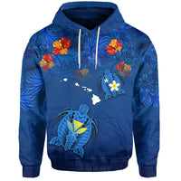 Hawaiian Islands Hoodie Hawaii Tropical Flowers and Turtles Blue LT13 Unisex Blue - Polynesian Pride