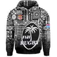 (Custom Text and Number) Fiji Rugby Hoodie Flying Fijians Black Tapa Pattern LT13 - Polynesian Pride