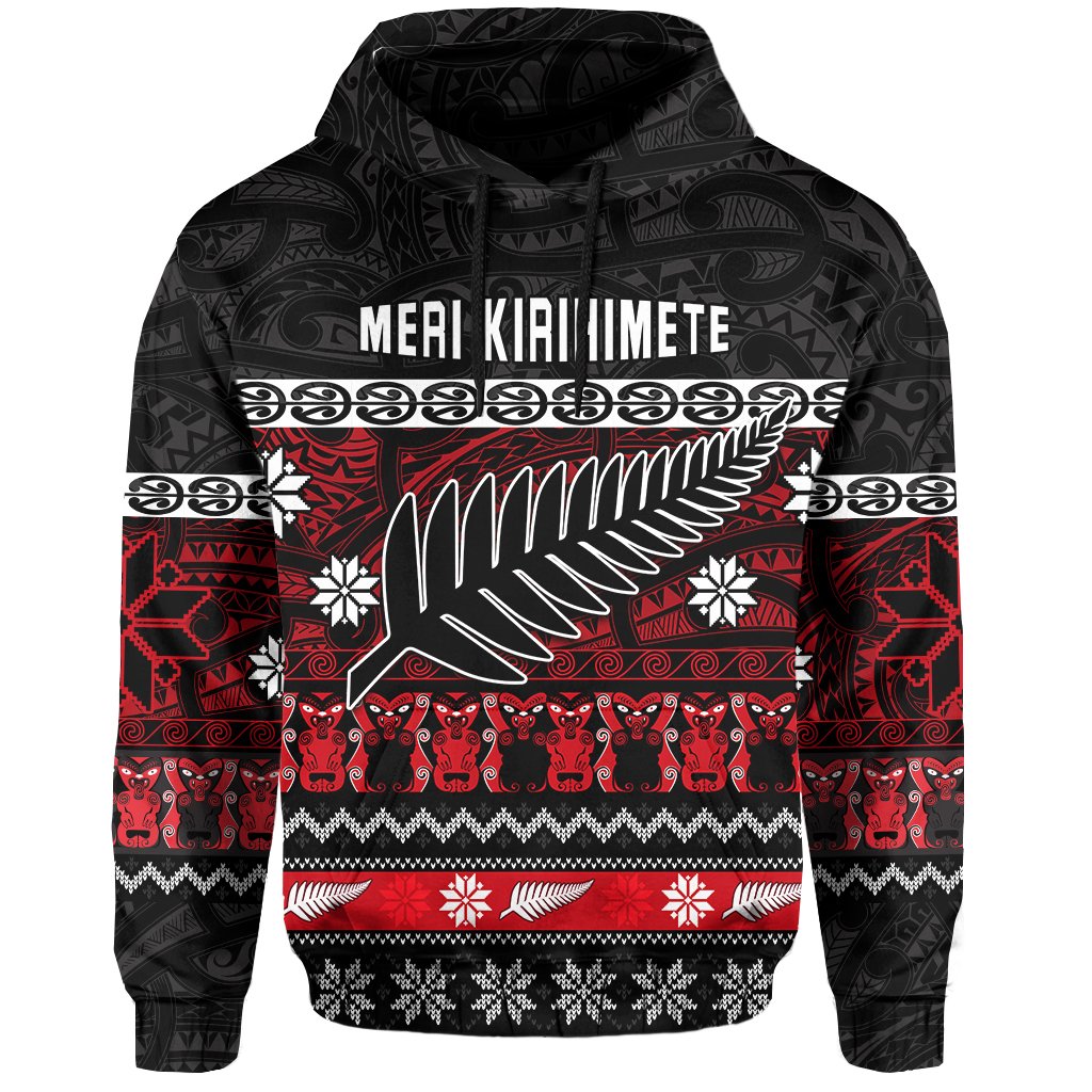 New Zealand Silver Fern Christmas Hoodie Maori Meri Kirihimete LT13 Unisex Black - Polynesian Pride