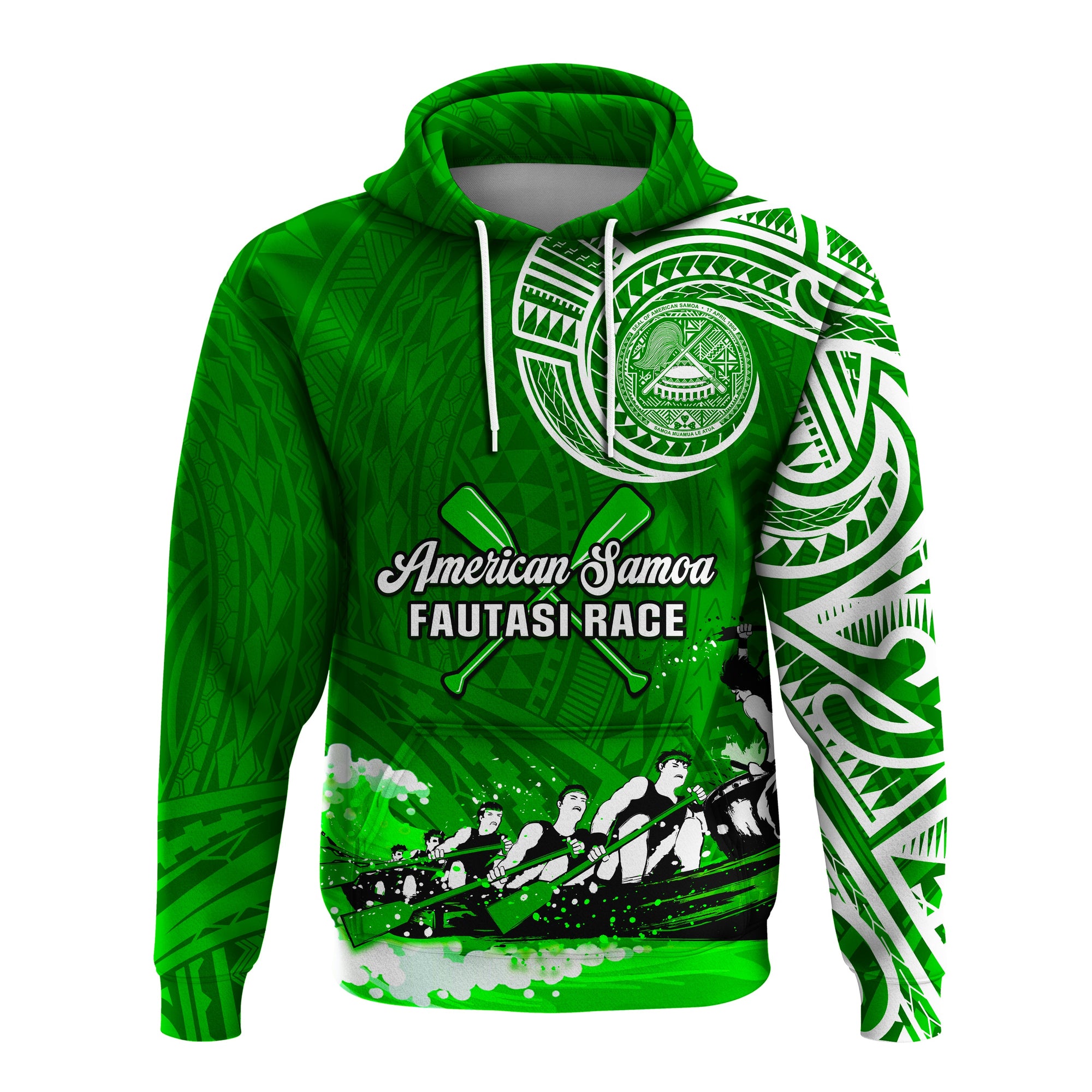 Custom American Samoa Hoodie Fautasi Race Samoan Pattern Ver.02 LT14 Pullover Hoodie Green - Polynesian Pride