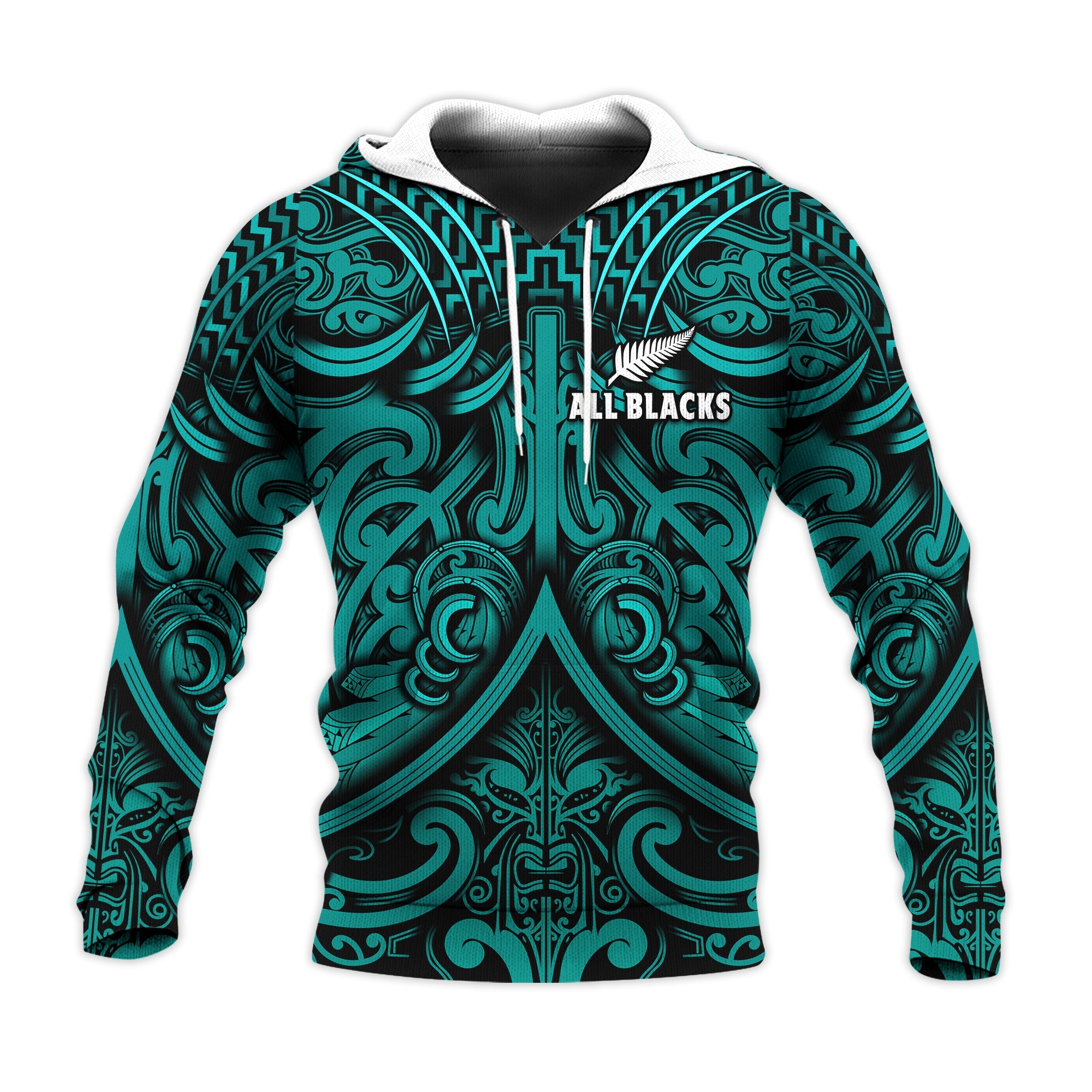 (Custom Text and Number) New Zealand Silver Fern Rugby Hoodie All Black Turquoise NZ Maori Pattern LT13 Turquoise - Polynesian Pride