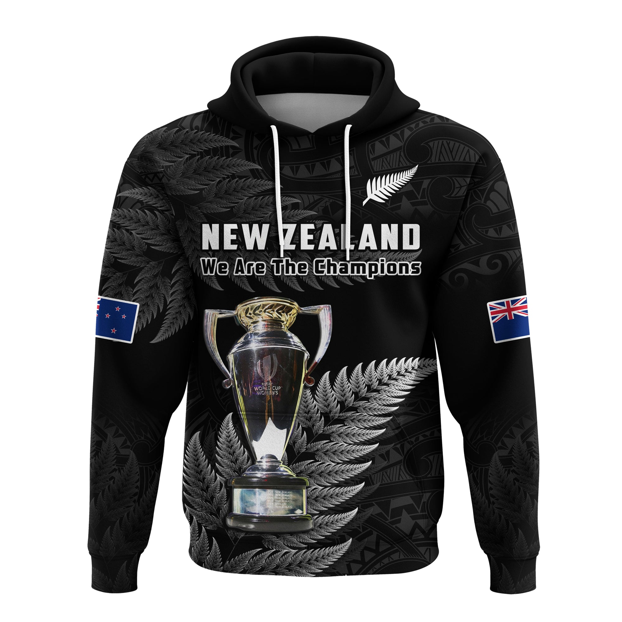 Custom New Zealand 2022 Rugby Hoodie Black Fern Proud Champions RWC LT14 Pullover Hoodie Black - Polynesian Pride