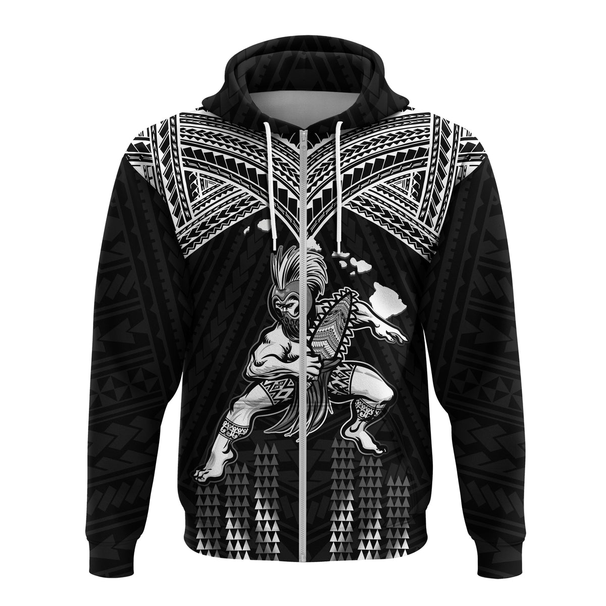 Custom Hawaii Hoodiean Warrior With Weapon Polynesian Ver.01 LT14 Zip Hoodie Black - Polynesian Pride
