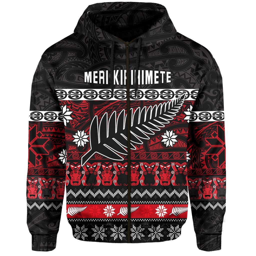 New Zealand Silver Fern Christmas Zip Hoodie Maori Meri Kirihimete LT13 Unisex Black - Polynesian Pride