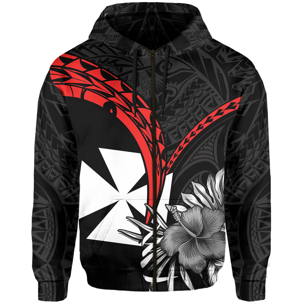 Wallis et Futuna Hoodie Polynesian Pattern and Hibiscus Flowers Version Black LT13 Zip Hoodie Black - Polynesian Pride