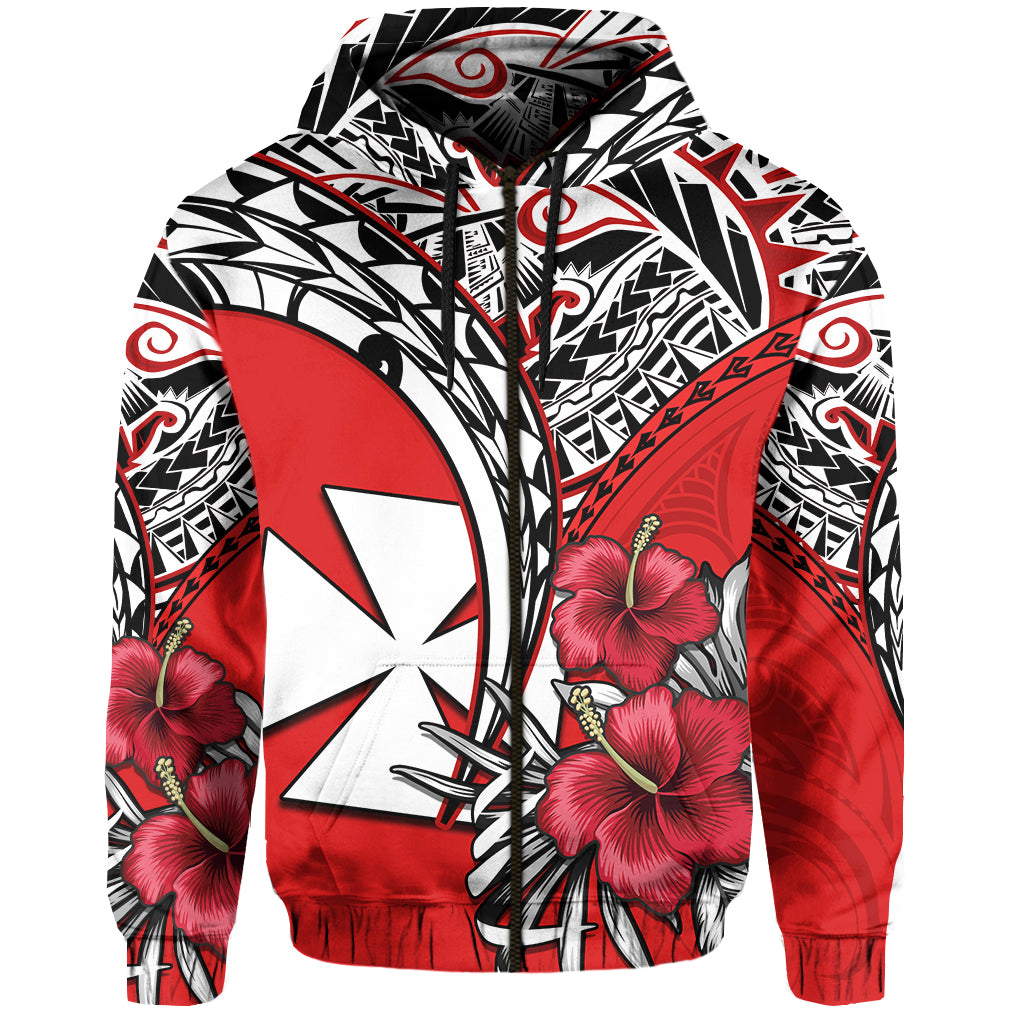 Wallis et Futuna Hoodie Polynesian Pattern and Hibiscus Flowers Version Red LT13 Zip Hoodie Red - Polynesian Pride