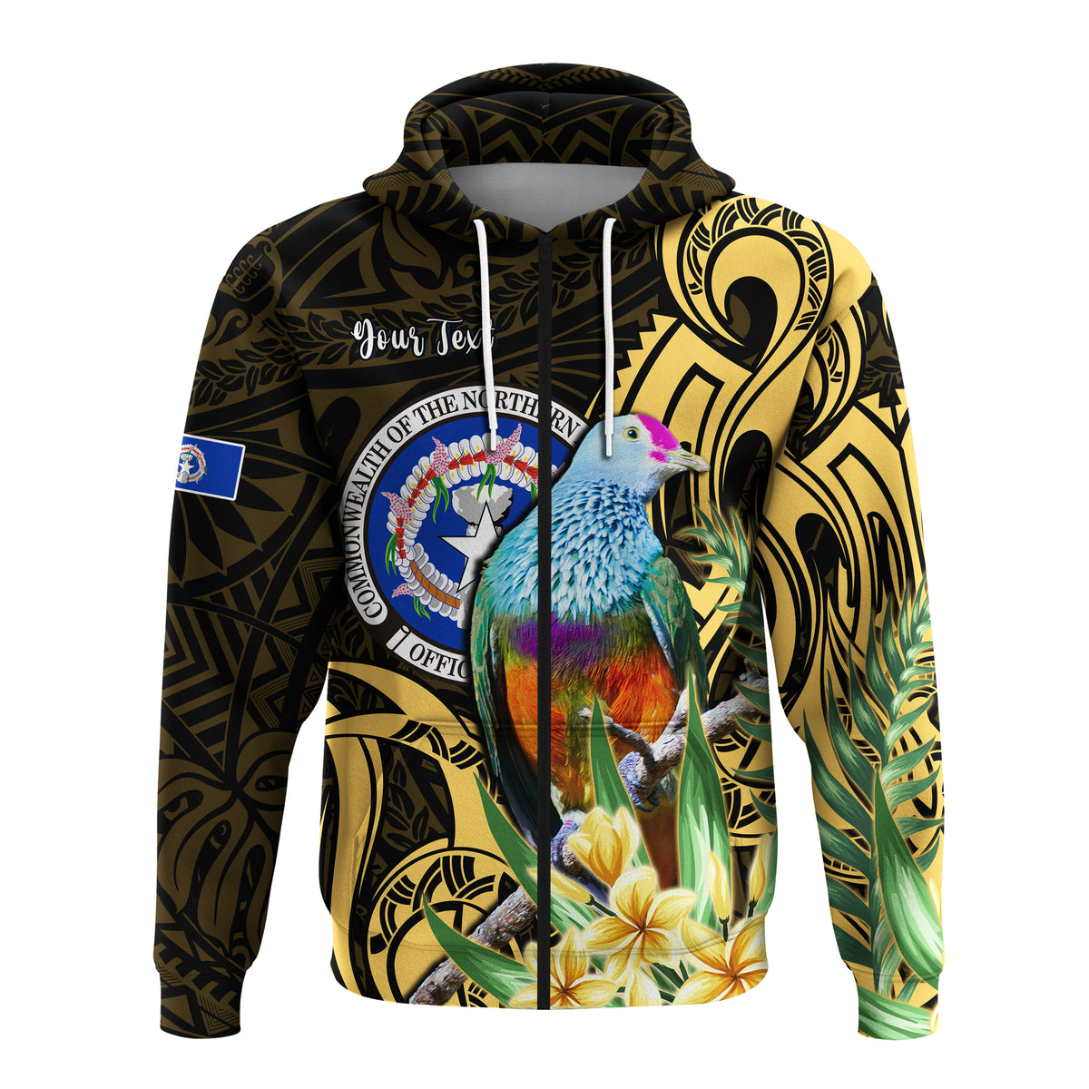 Custom Northern Mariana Islands Hoodie Mariana Fruit Dove Mix Frangipani Flowers Gold LT13 Zip Hoodie Gold - Polynesian Pride