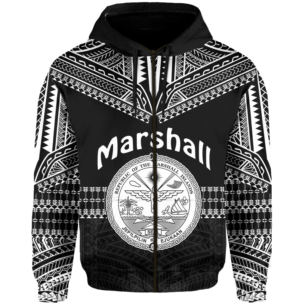 (Custom Text and Number) Marshall Islands Zip Hoodie Best Tattoo Version Black LT13 - Polynesian Pride