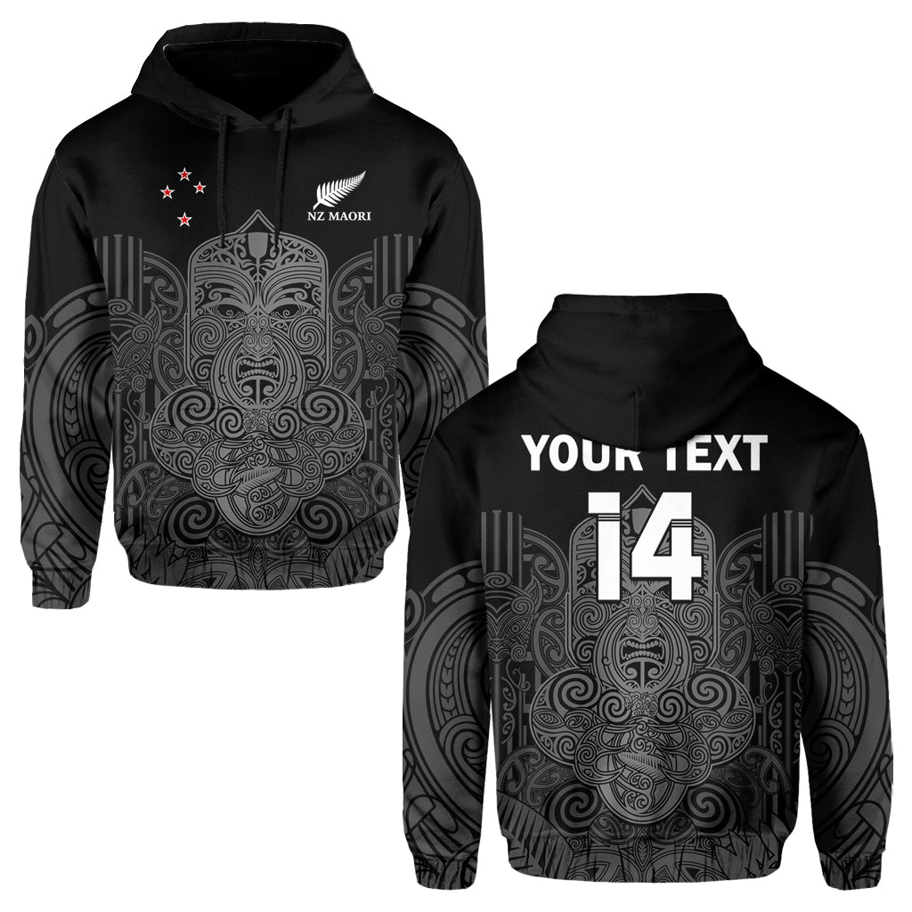 (Custom Text and Number) New Zealand Tiki Rugby Hoodie NZ Maori Koru Pattern Ver.01 LT14 Pullover Hoodie Black - Polynesian Pride