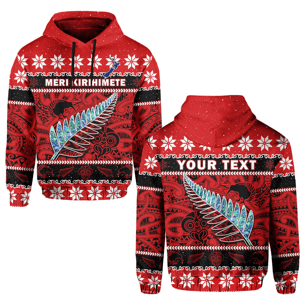 Custom New Zealand Christmas Hoodie Paua Shell Silver Fern Meri Kirihimete LT14 Pullover Hoodie Red - Polynesian Pride