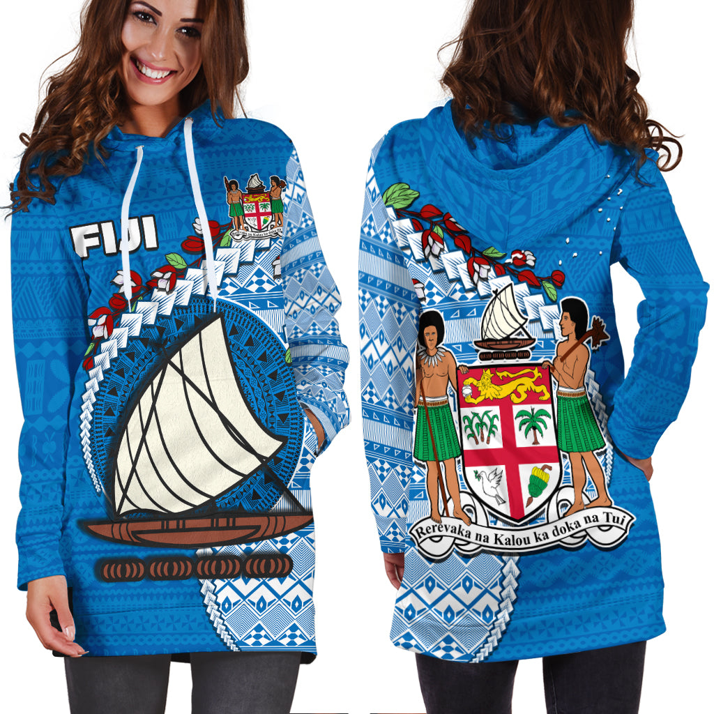 (Custom Personalised) Fiji Hoodie Dress Fijian Drua Mix Tagimaucia Flower Blue Style LT14 - Polynesian Pride